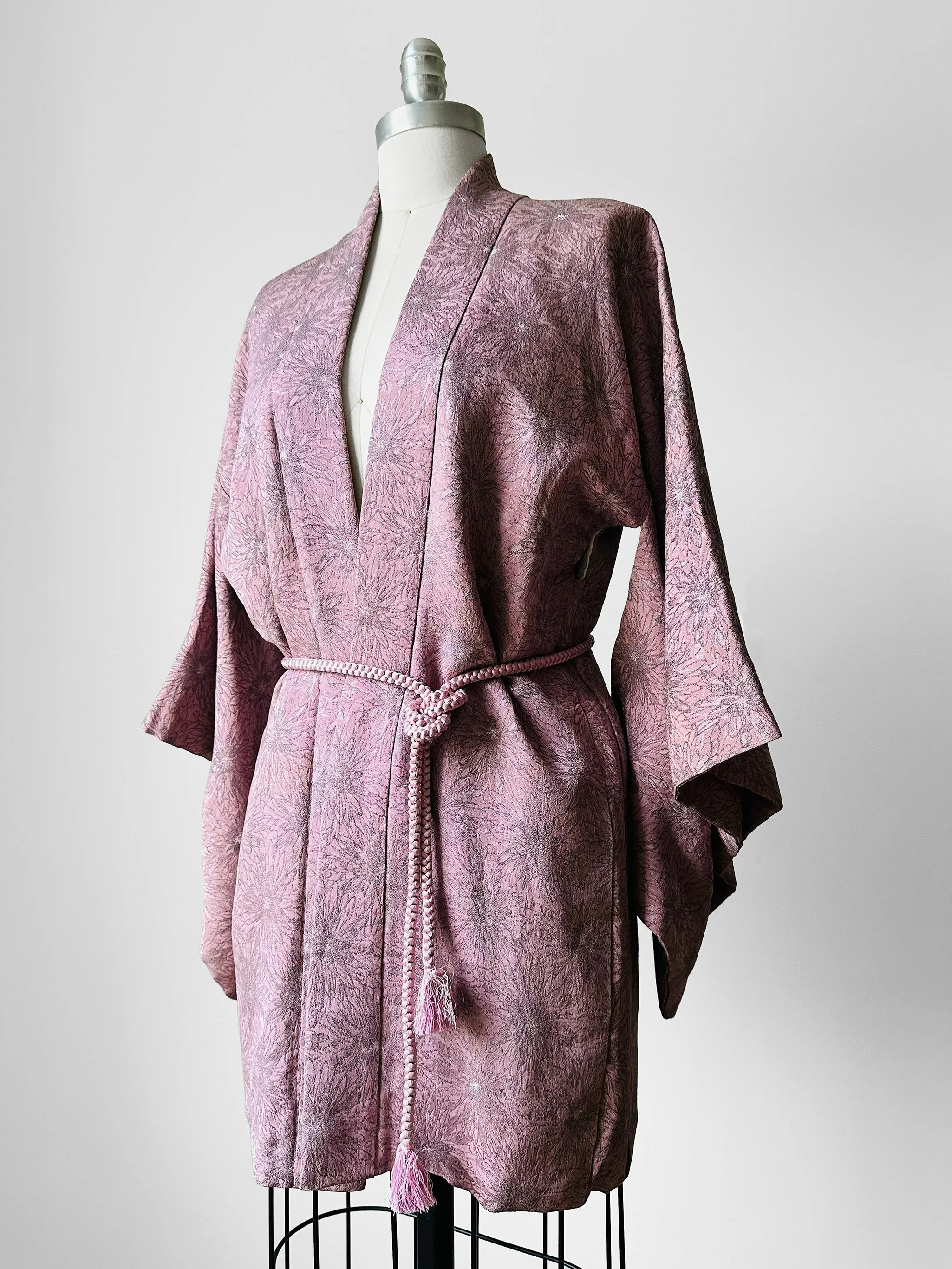 1980s Mauve Floral Silk Haori Kimono Jacket - O/S