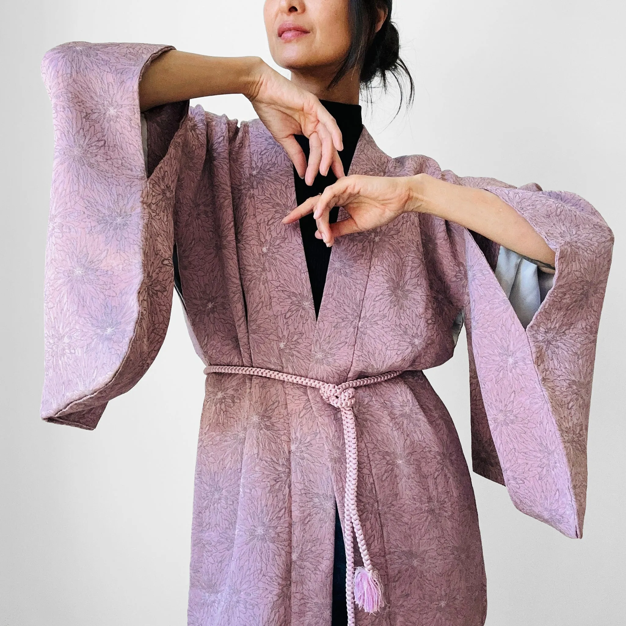 1980s Mauve Floral Silk Haori Kimono Jacket - O/S