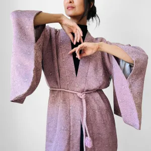 1980s Mauve Floral Silk Haori Kimono Jacket - O/S