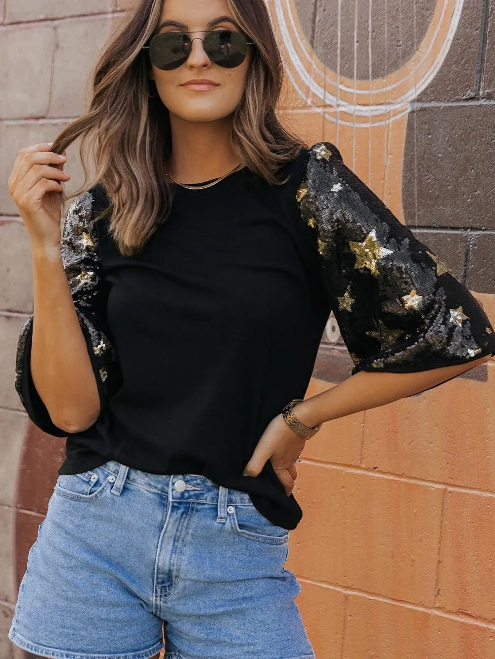 3/4 Sleeve Sequin Star Top