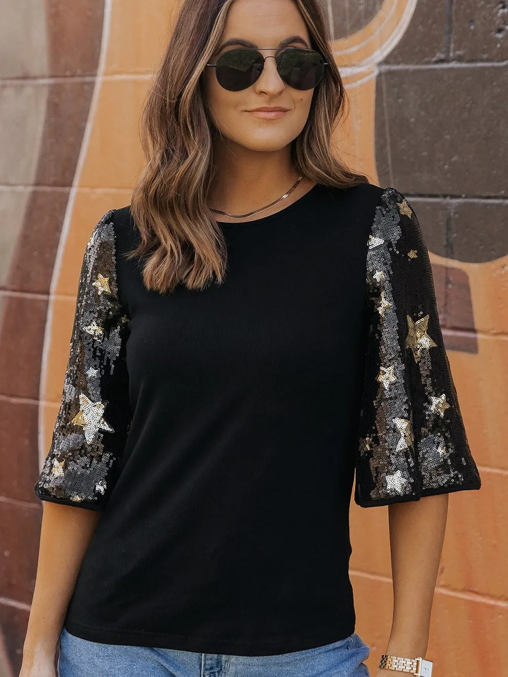 3/4 Sleeve Sequin Star Top