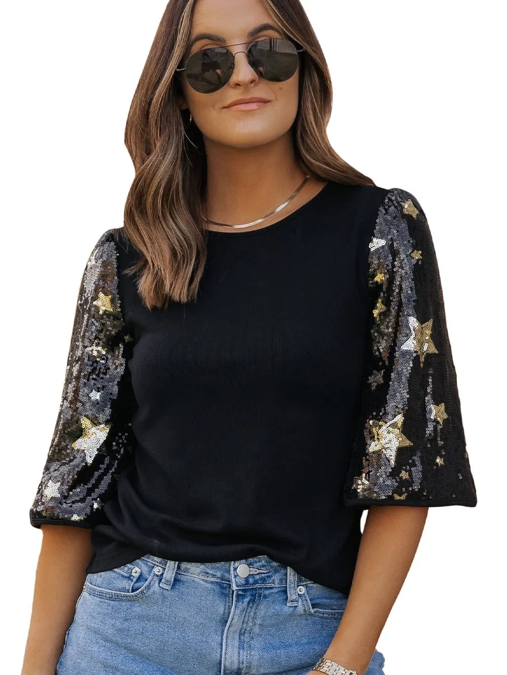 3/4 Sleeve Sequin Star Top