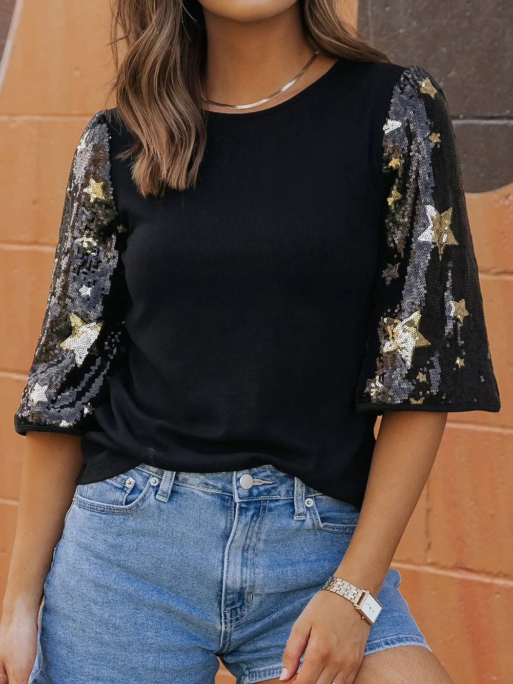 3/4 Sleeve Sequin Star Top