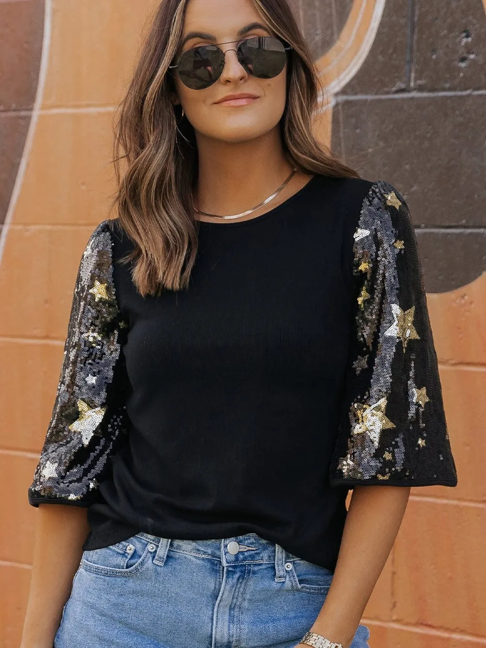 3/4 Sleeve Sequin Star Top