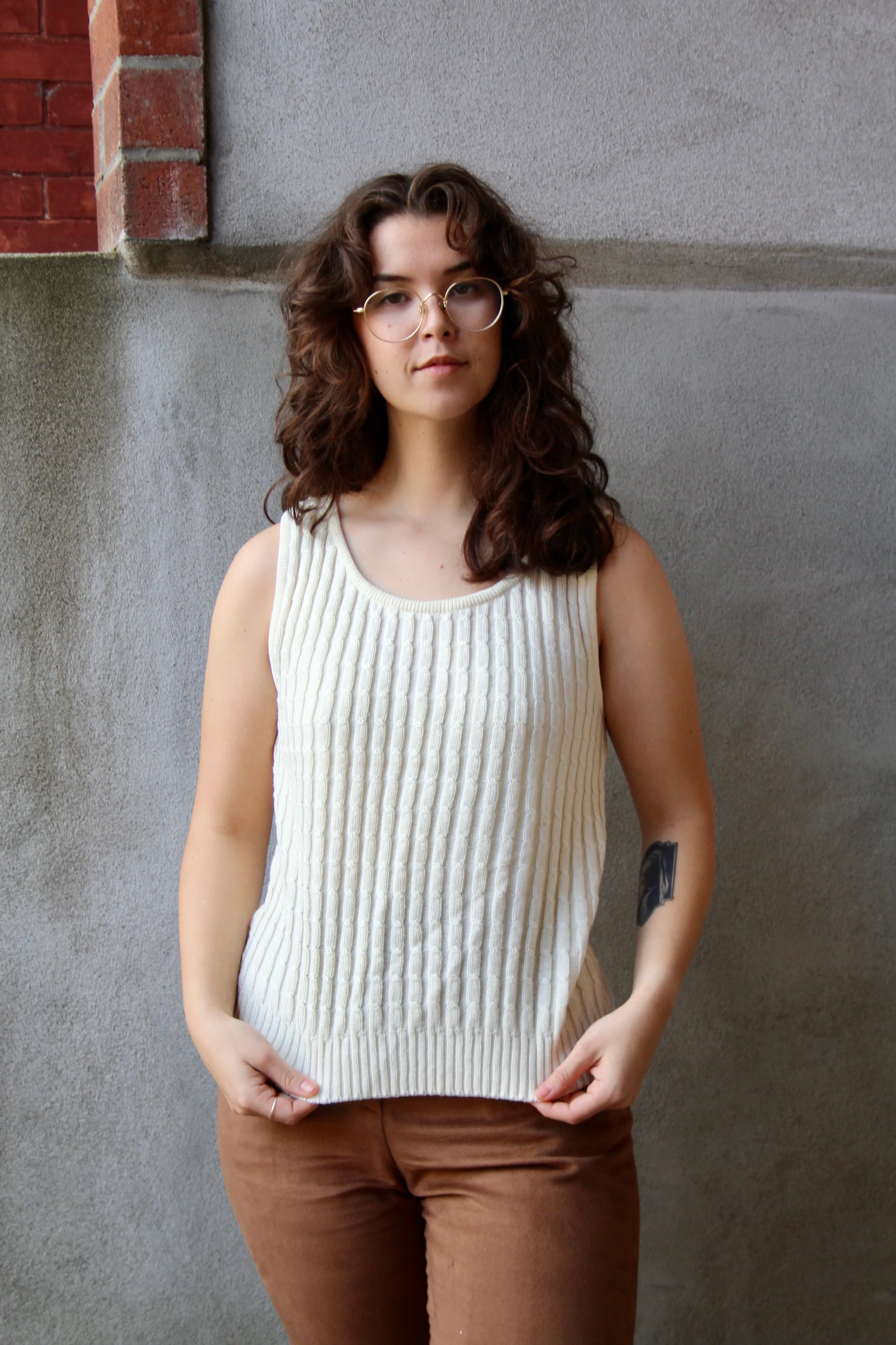 90s Does 60s Cream Cable Knit Tank - L