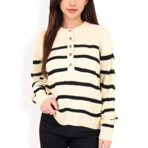 Anna-Kaci Women's Striped Waffle Knit Pullover with Button Down Collar