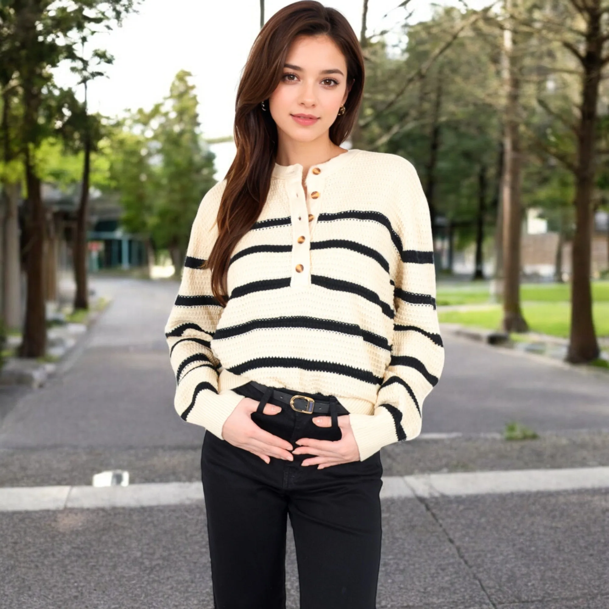 Anna-Kaci Women's Striped Waffle Knit Pullover with Button Down Collar