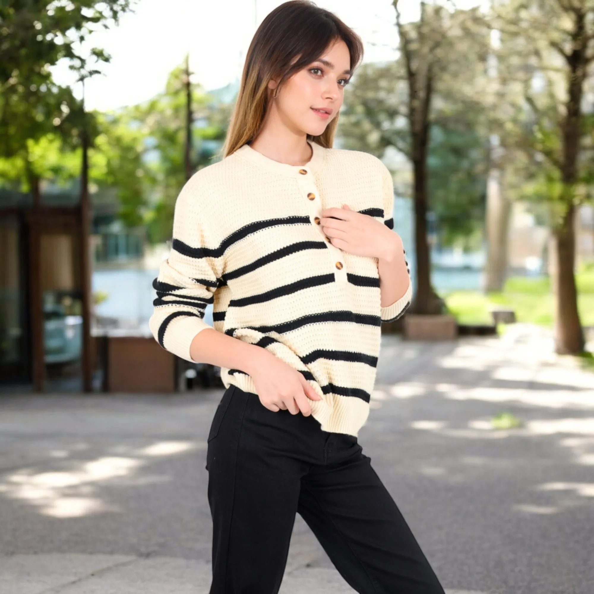 Anna-Kaci Women's Striped Waffle Knit Pullover with Button Down Collar