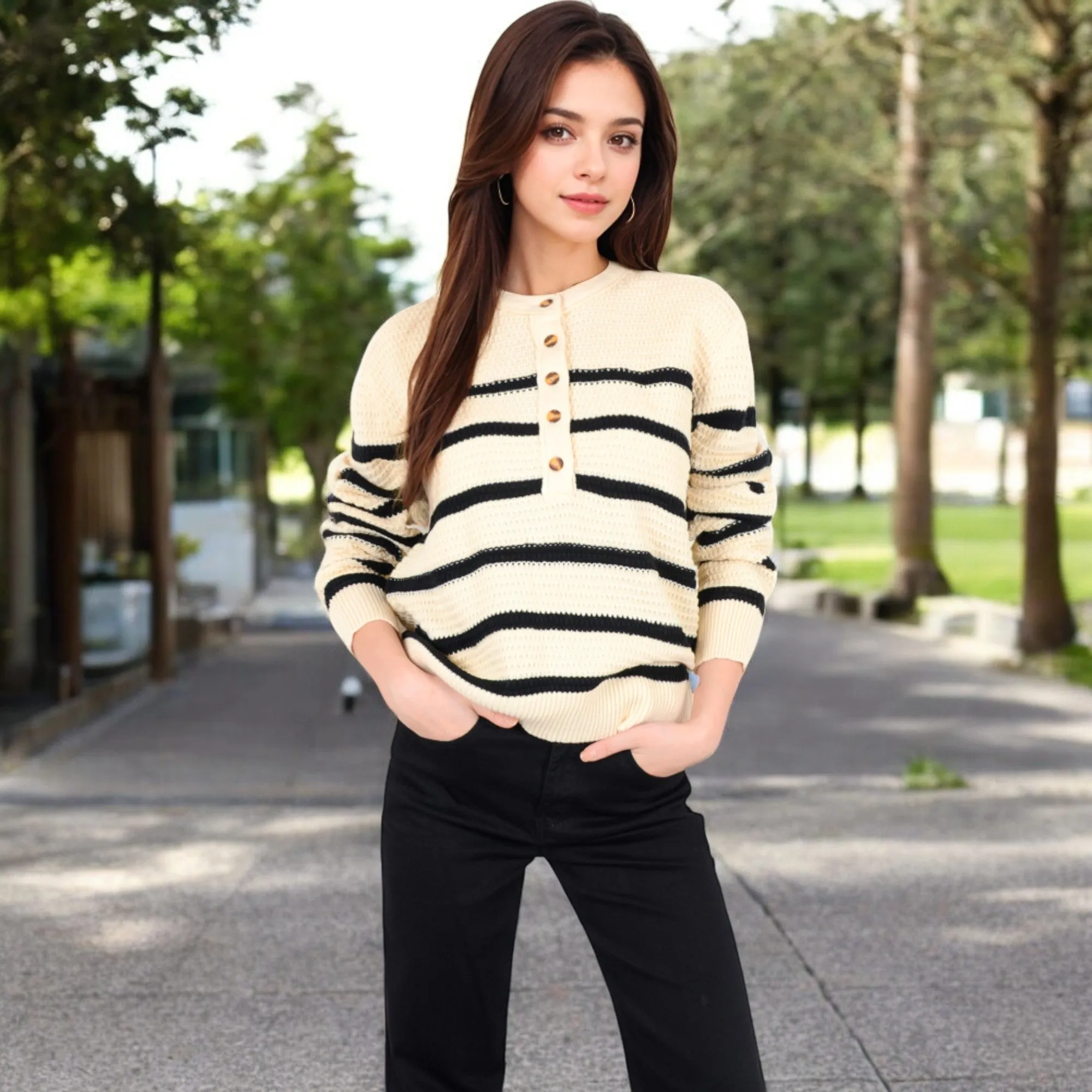 Anna-Kaci Women's Striped Waffle Knit Pullover with Button Down Collar