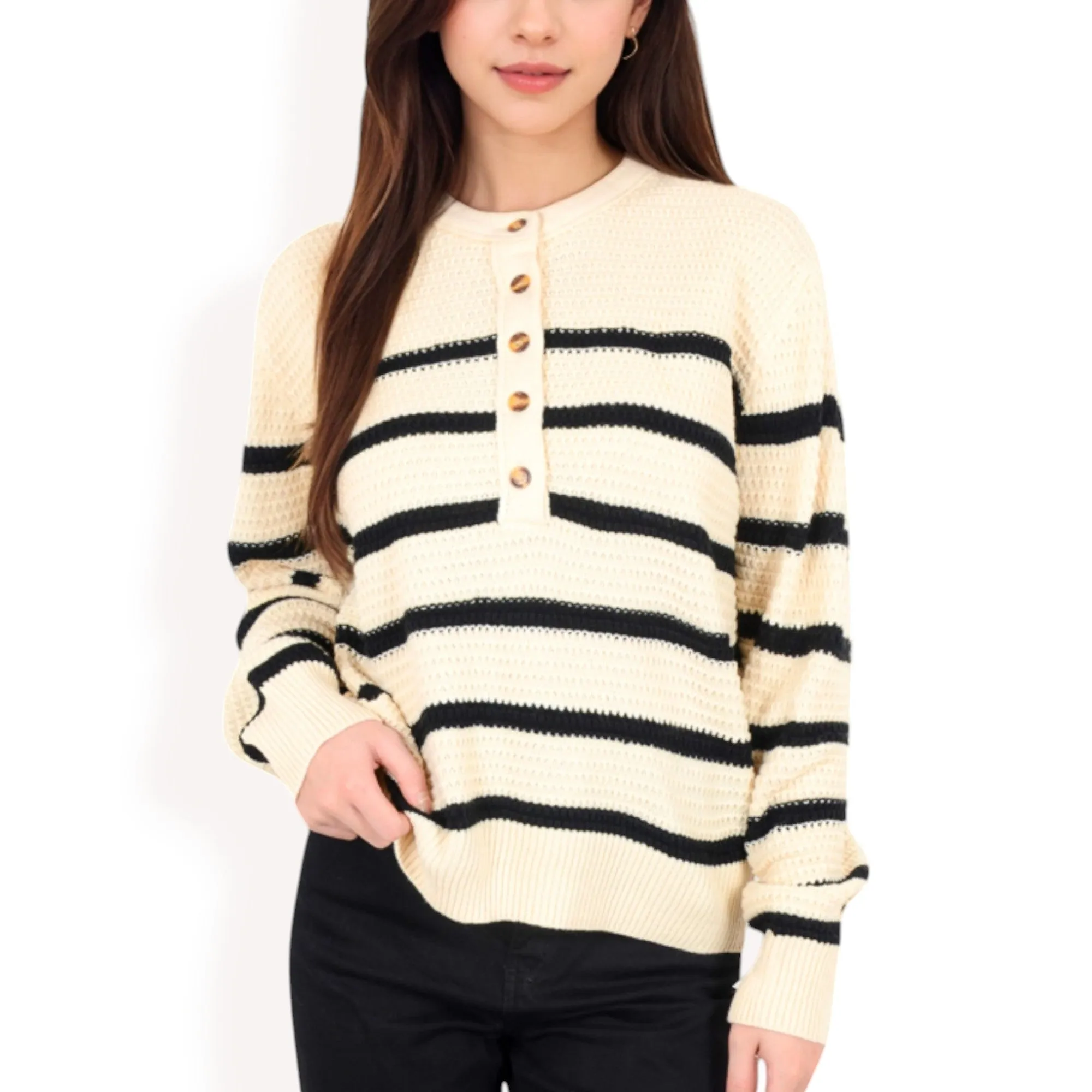 Anna-Kaci Women's Striped Waffle Knit Pullover with Button Down Collar