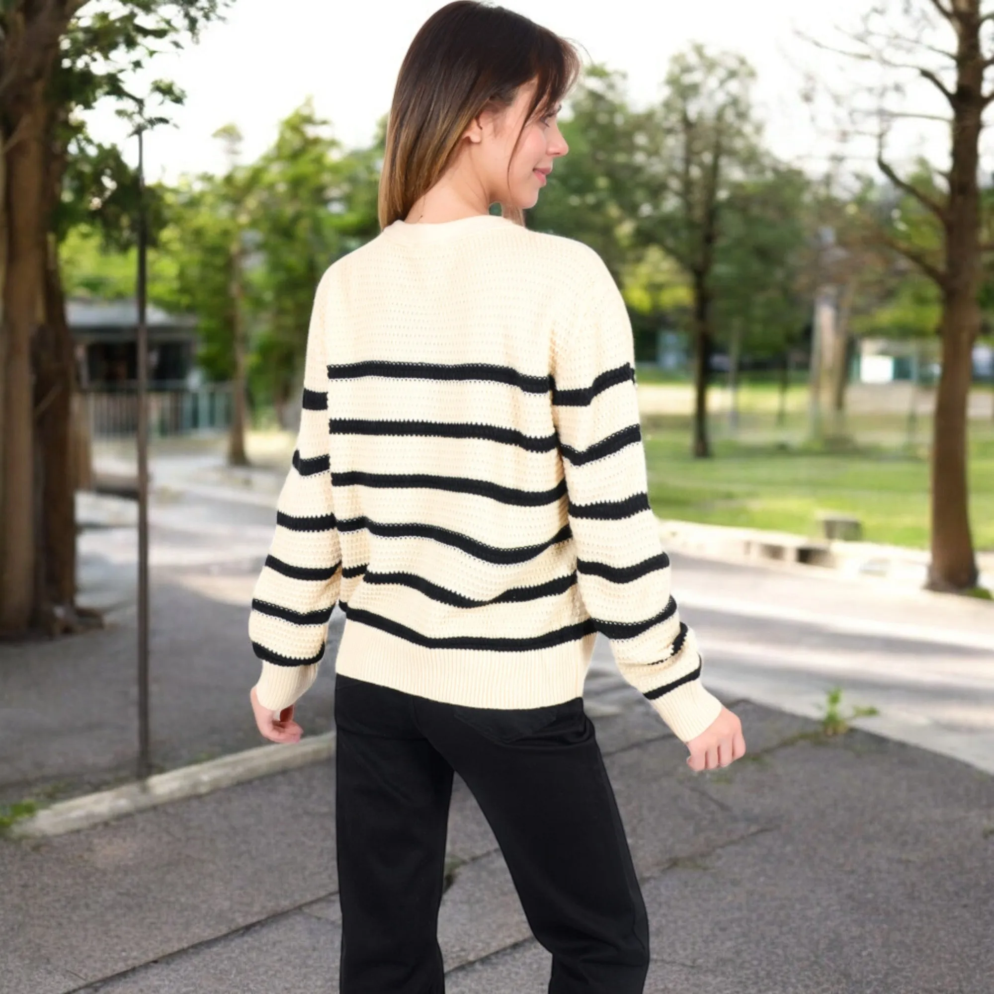 Anna-Kaci Women's Striped Waffle Knit Pullover with Button Down Collar