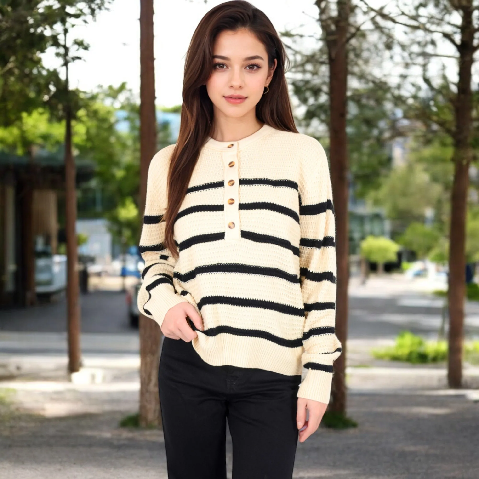 Anna-Kaci Women's Striped Waffle Knit Pullover with Button Down Collar
