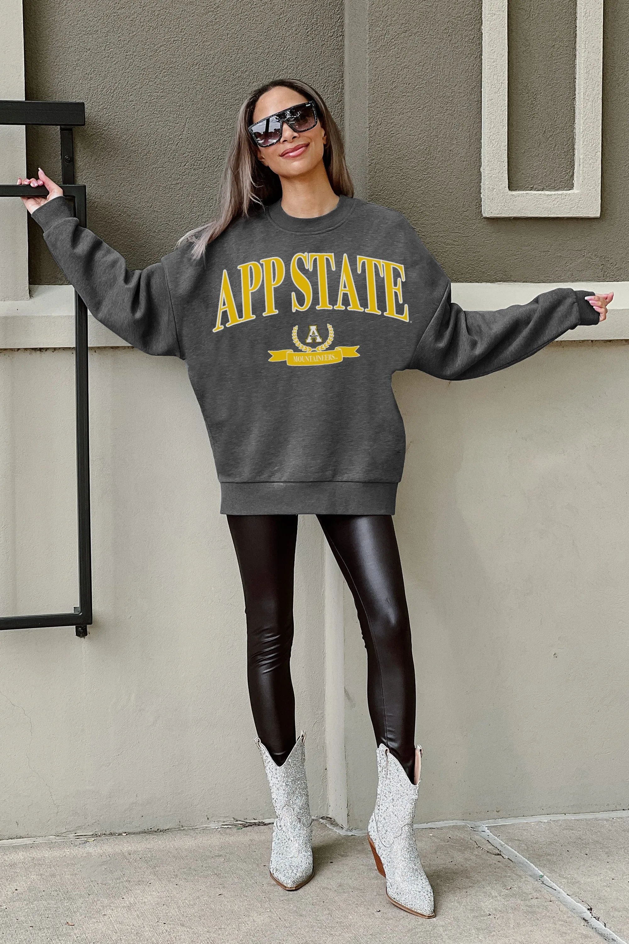 APPALACHIAN STATE MOUNTAINEERS SEAL THE DEAL PREMIUM FLEECE DROP SHOULDER CREWNECK PULLOVER