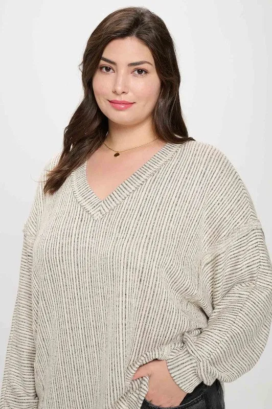 ARIA PLUS STRIPED DROP SHOULDER V NECK KNIT TOP 1XL-3XL