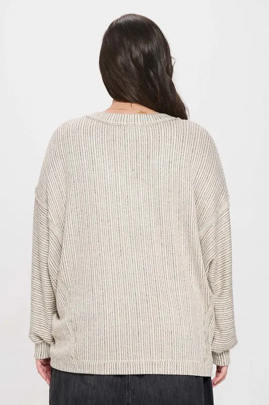 ARIA PLUS STRIPED DROP SHOULDER V NECK KNIT TOP 1XL-3XL