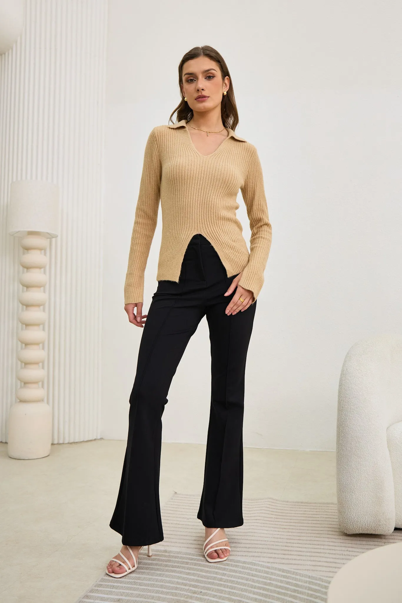 Audrey Beige Split Long Sleeve Knit Top