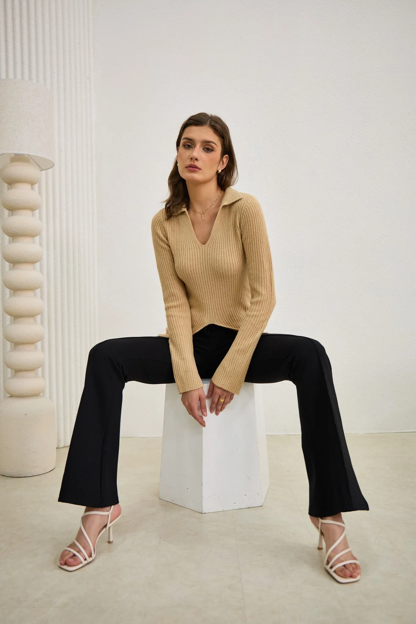 Audrey Beige Split Long Sleeve Knit Top