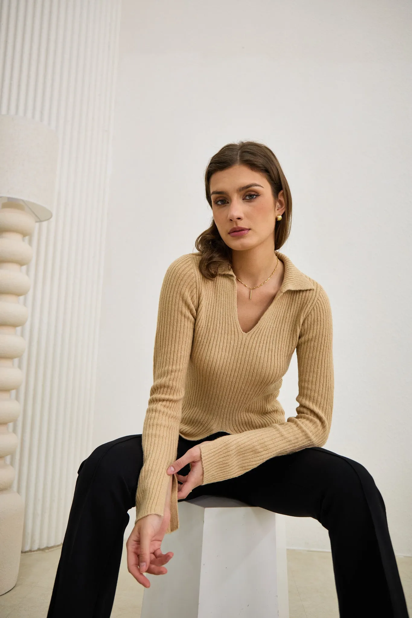 Audrey Beige Split Long Sleeve Knit Top