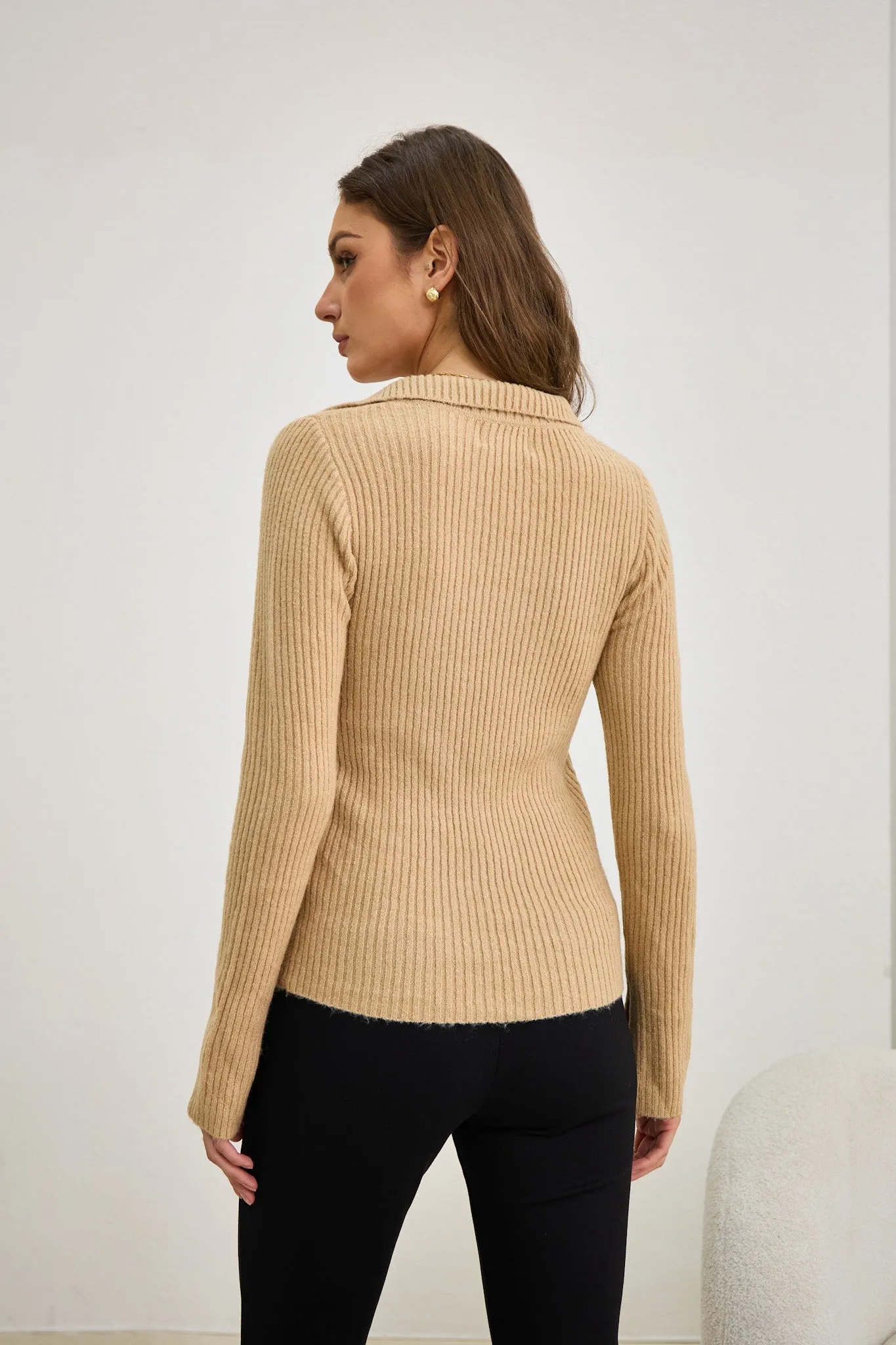 Audrey Beige Split Long Sleeve Knit Top