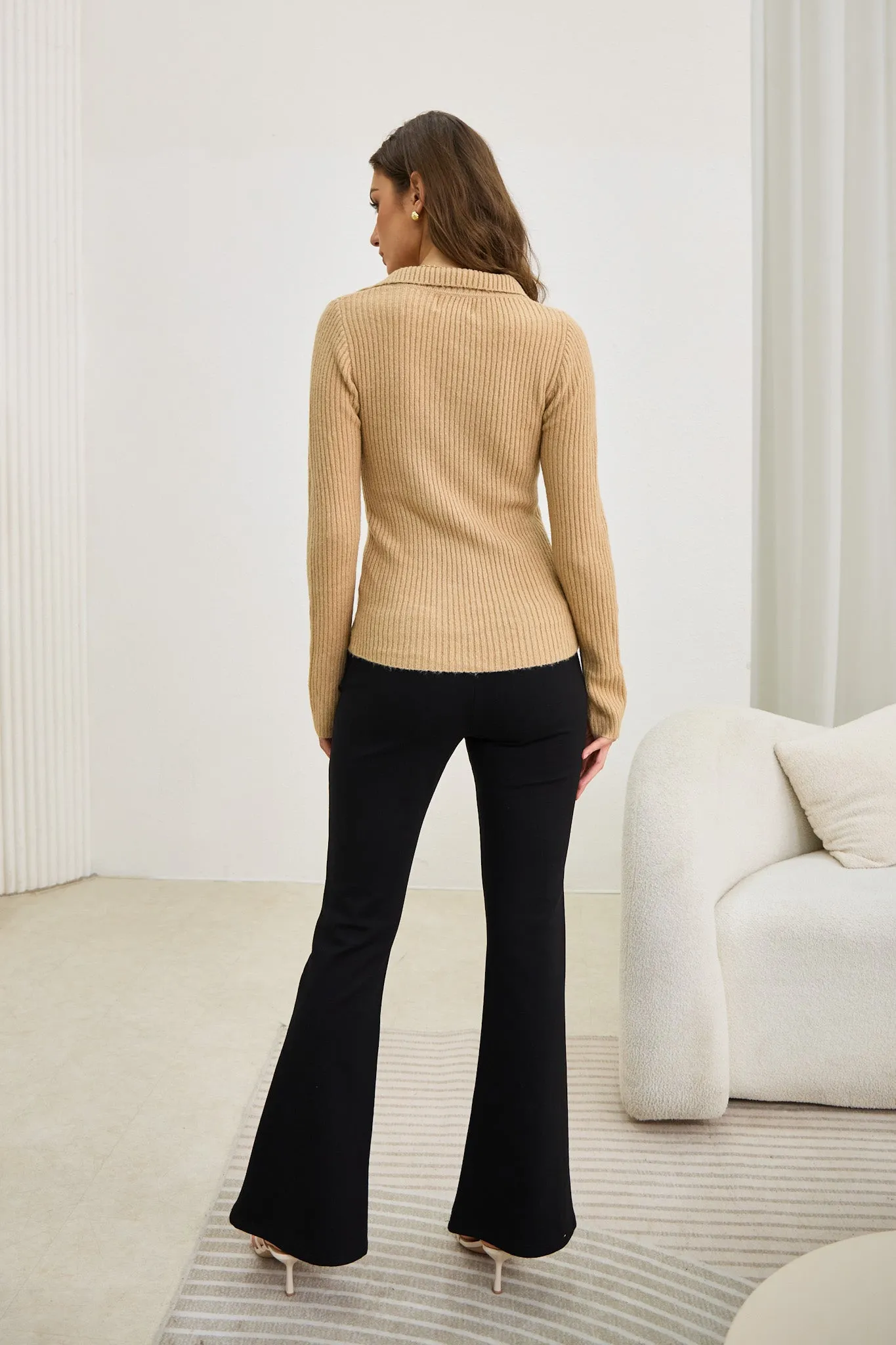 Audrey Beige Split Long Sleeve Knit Top