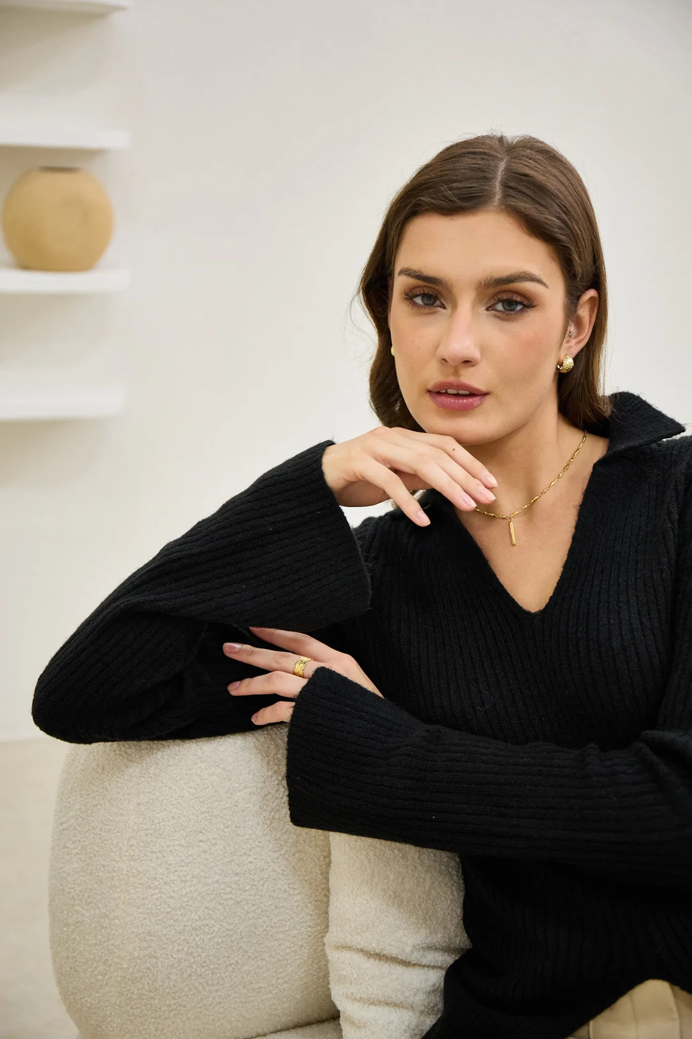 Audrey Black Split Long Sleeve Knit Top