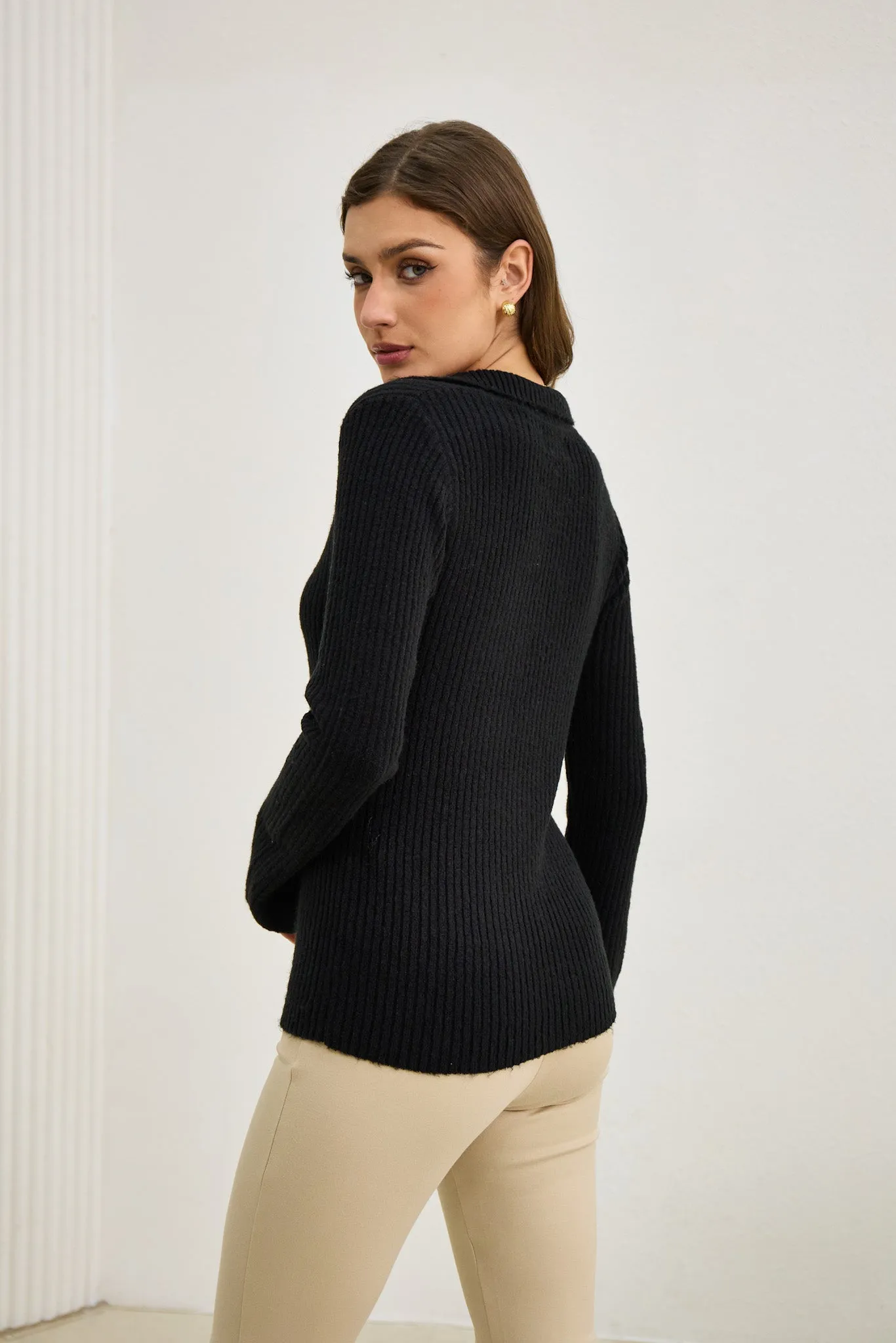 Audrey Black Split Long Sleeve Knit Top