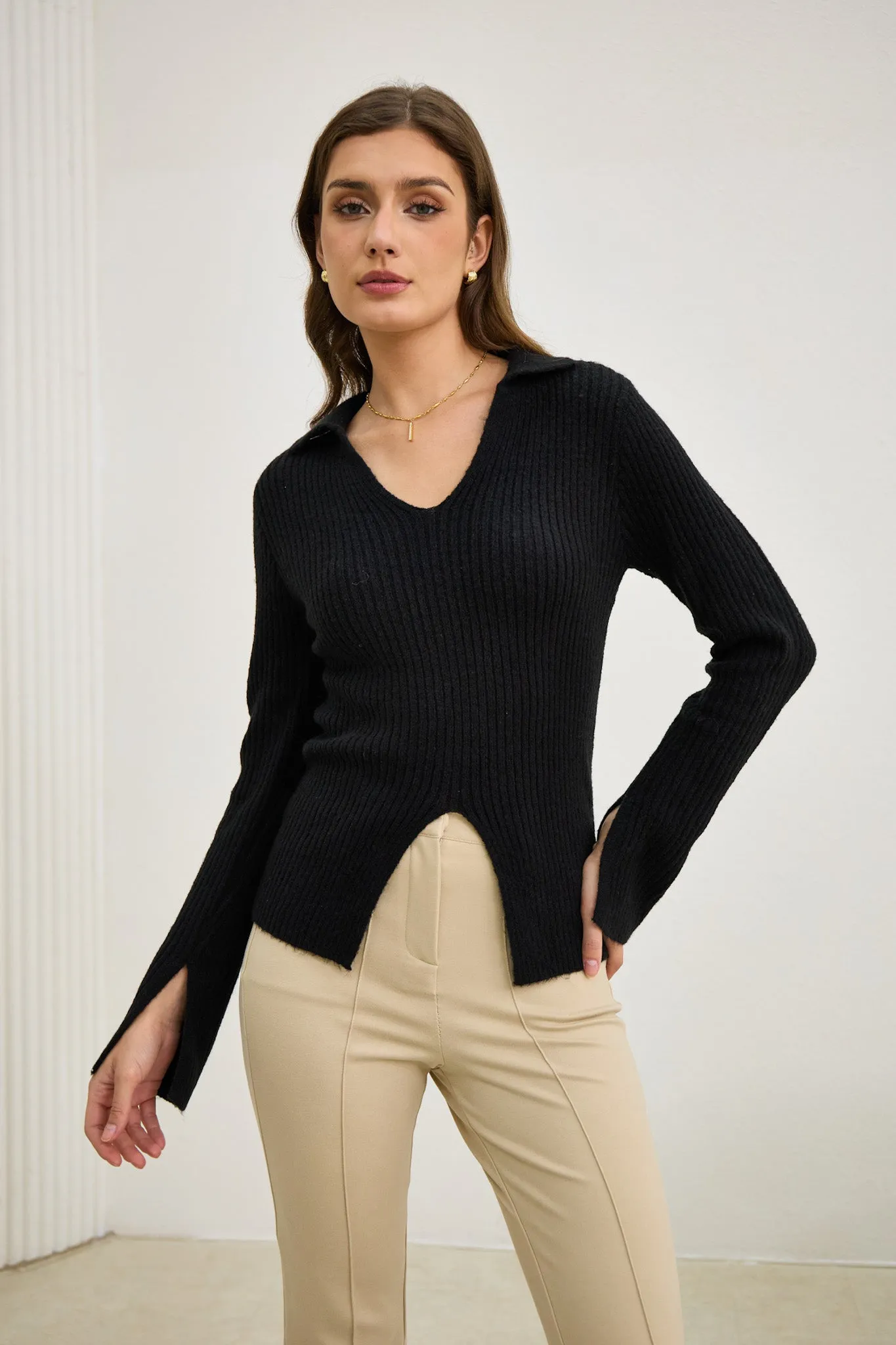 Audrey Black Split Long Sleeve Knit Top