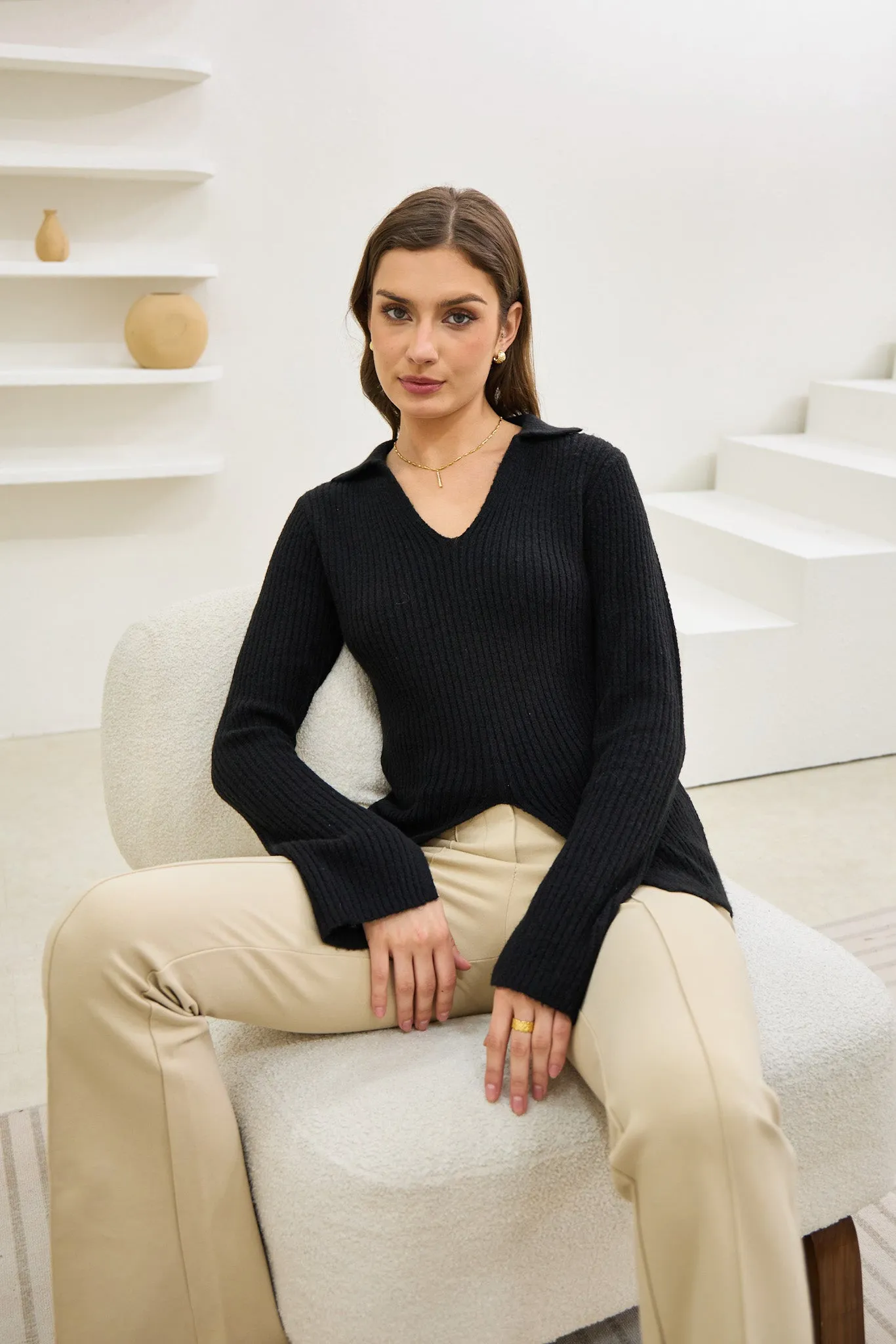 Audrey Black Split Long Sleeve Knit Top