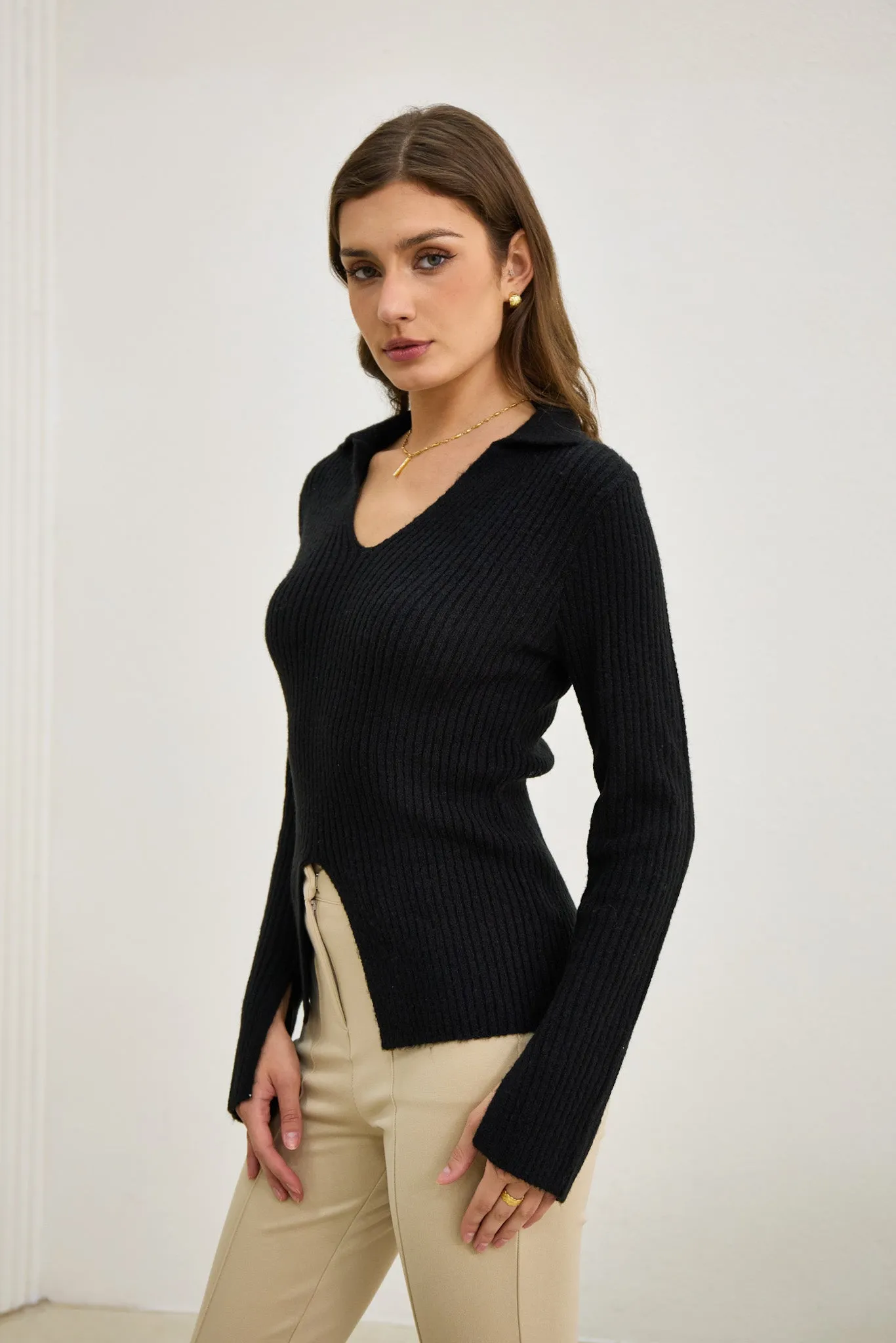 Audrey Black Split Long Sleeve Knit Top