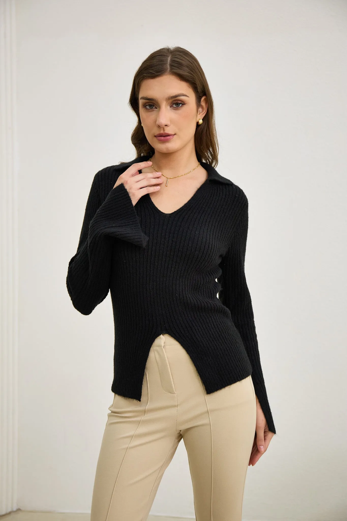 Audrey Black Split Long Sleeve Knit Top