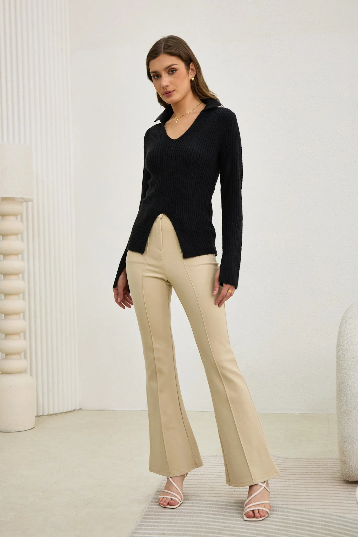 Audrey Black Split Long Sleeve Knit Top