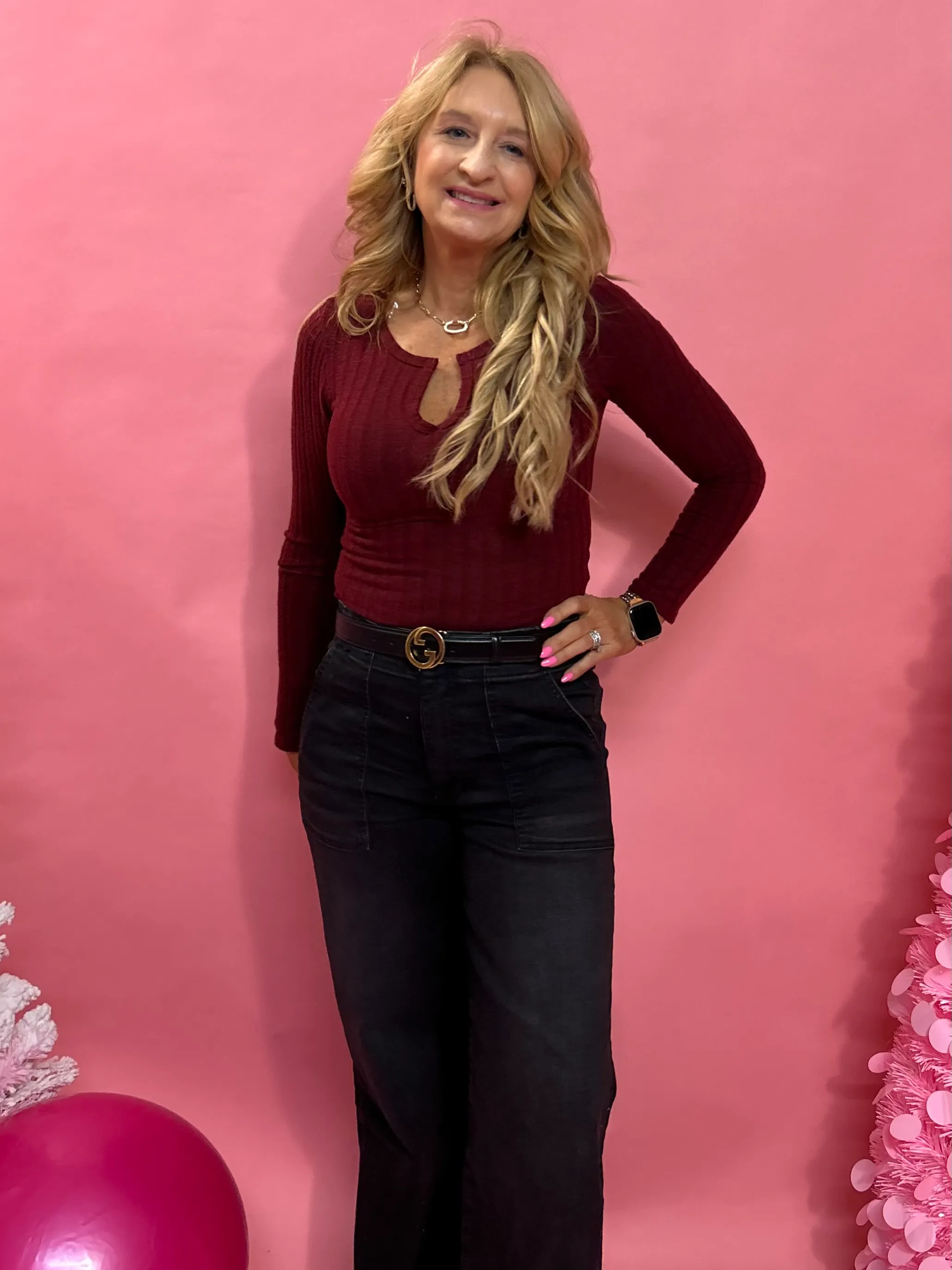 Barb Ribbed Knit Top in Burgundy