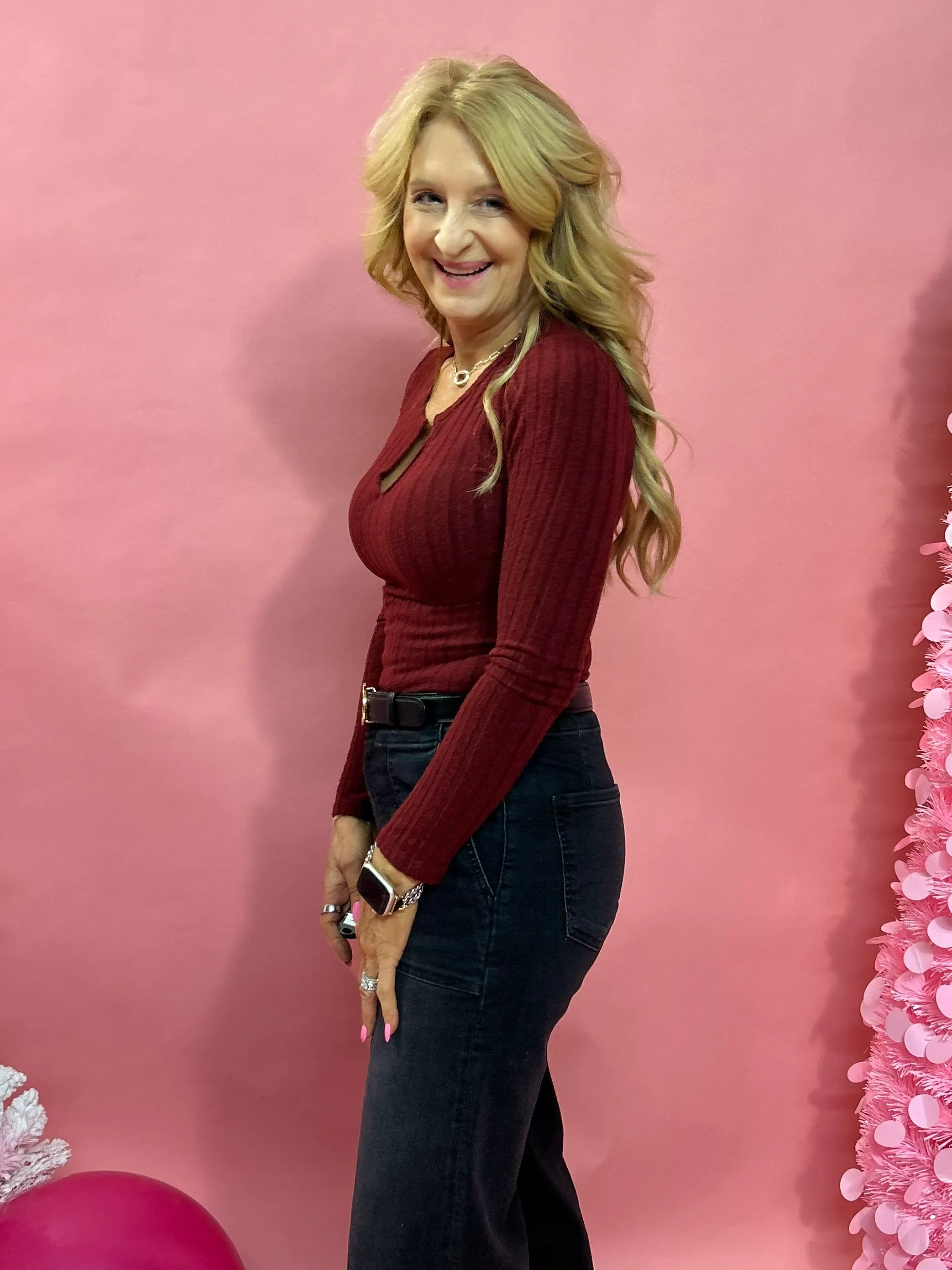 Barb Ribbed Knit Top in Burgundy