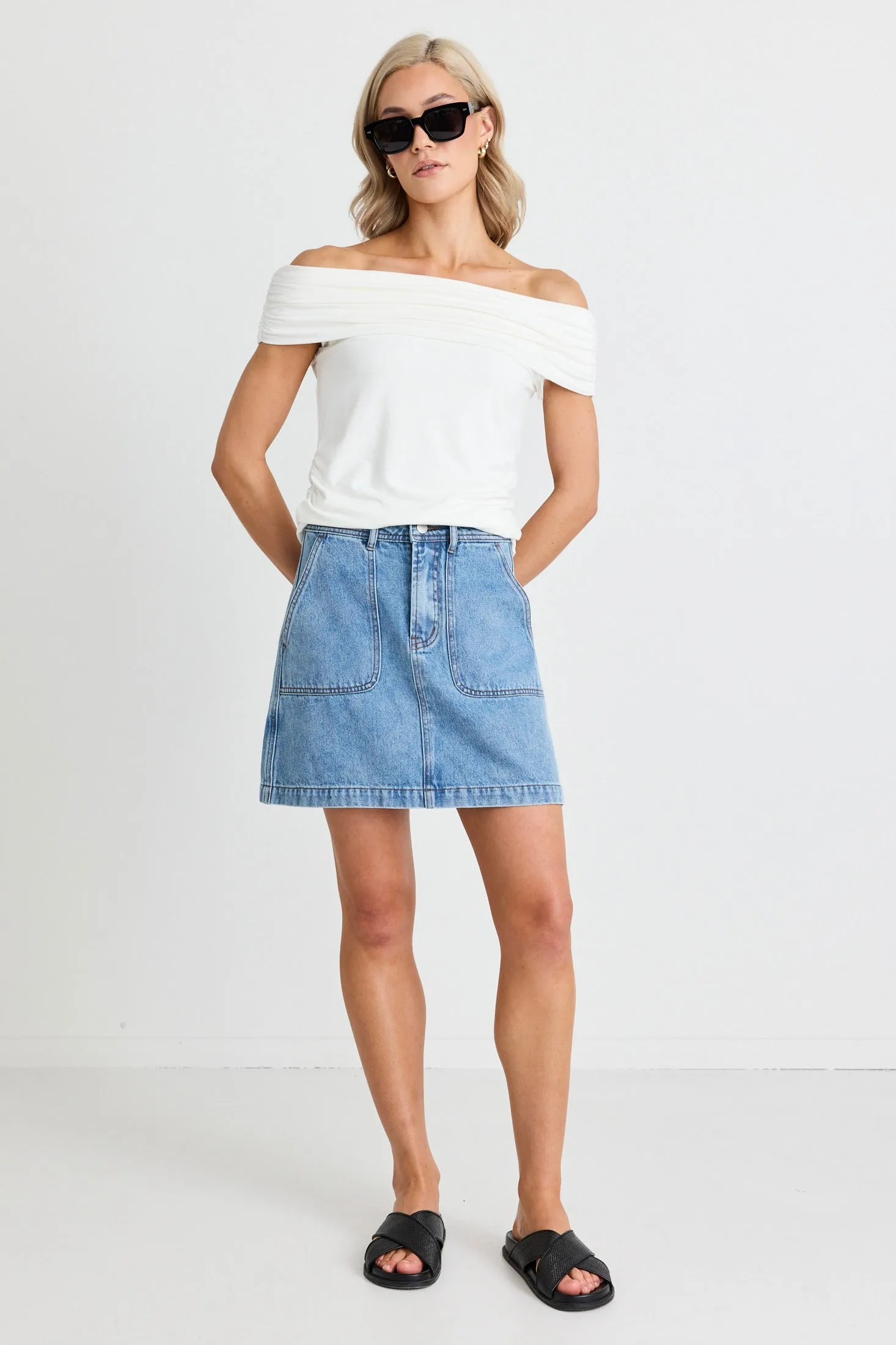 Beatnik Ivory Stretchy Bardot Off Shoulder Top