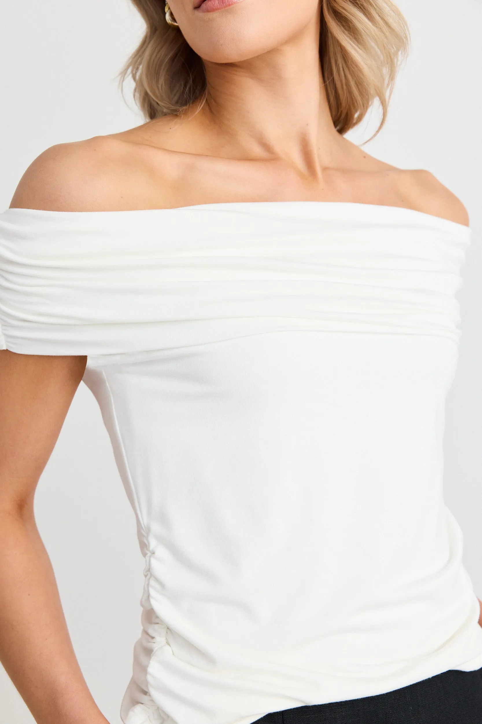 Beatnik Ivory Stretchy Bardot Off Shoulder Top