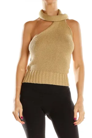 Beige Asymmetrical Halter Neck Knit Top