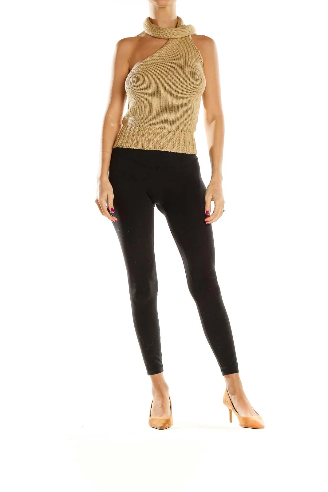 Beige Asymmetrical Halter Neck Knit Top