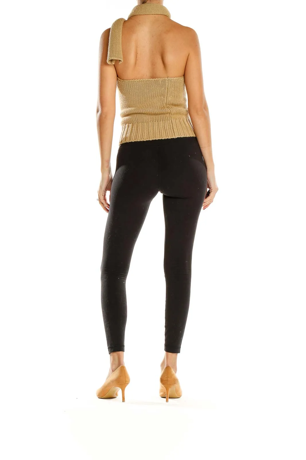 Beige Asymmetrical Halter Neck Knit Top