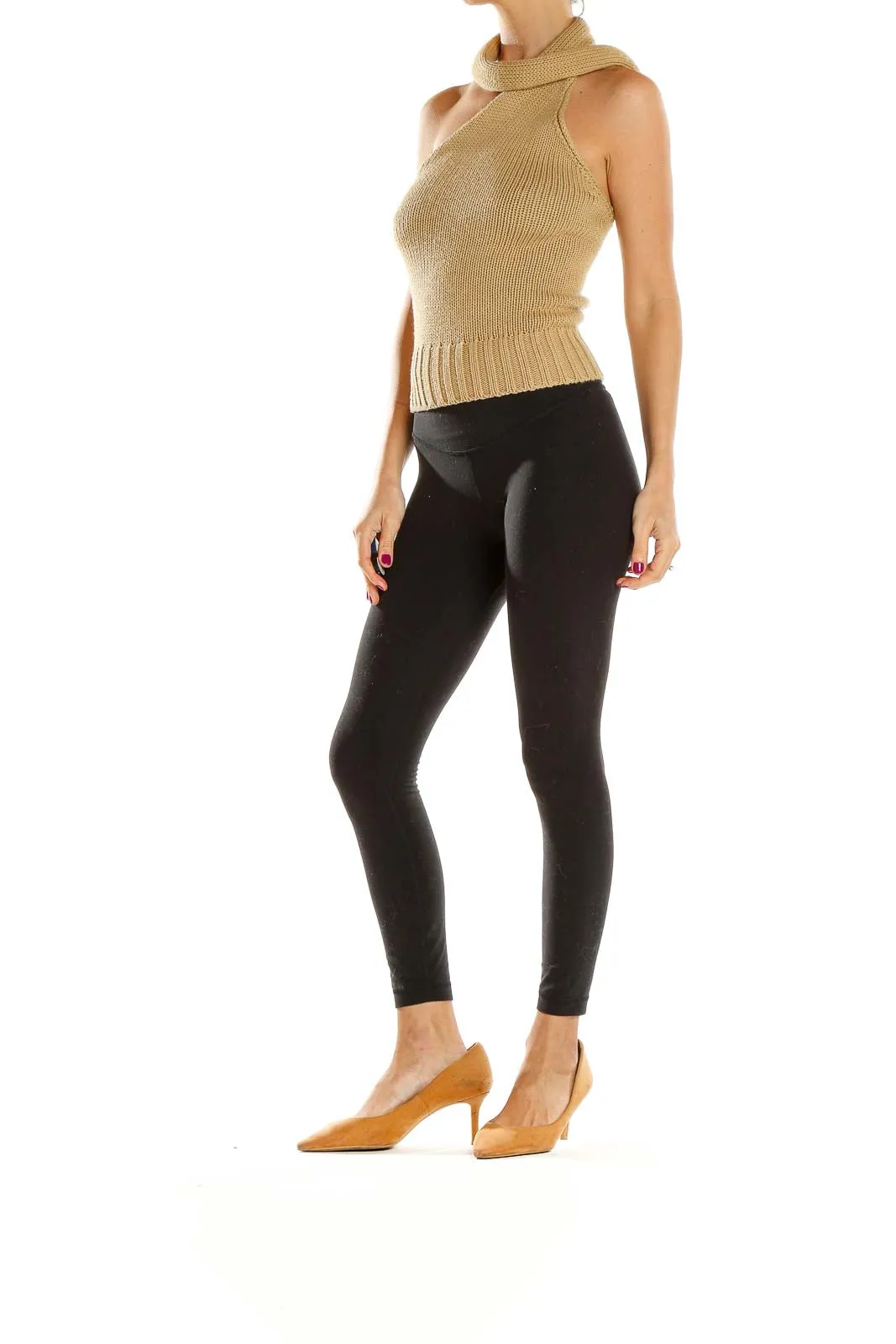 Beige Asymmetrical Halter Neck Knit Top