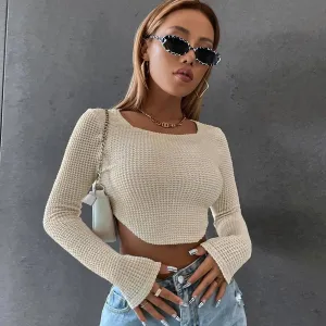 Beige Long Sleeve Waffle Knit Crop Top