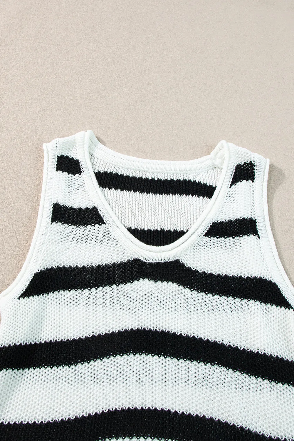 Beige Stripe Loose Knit Fringe Tank Top