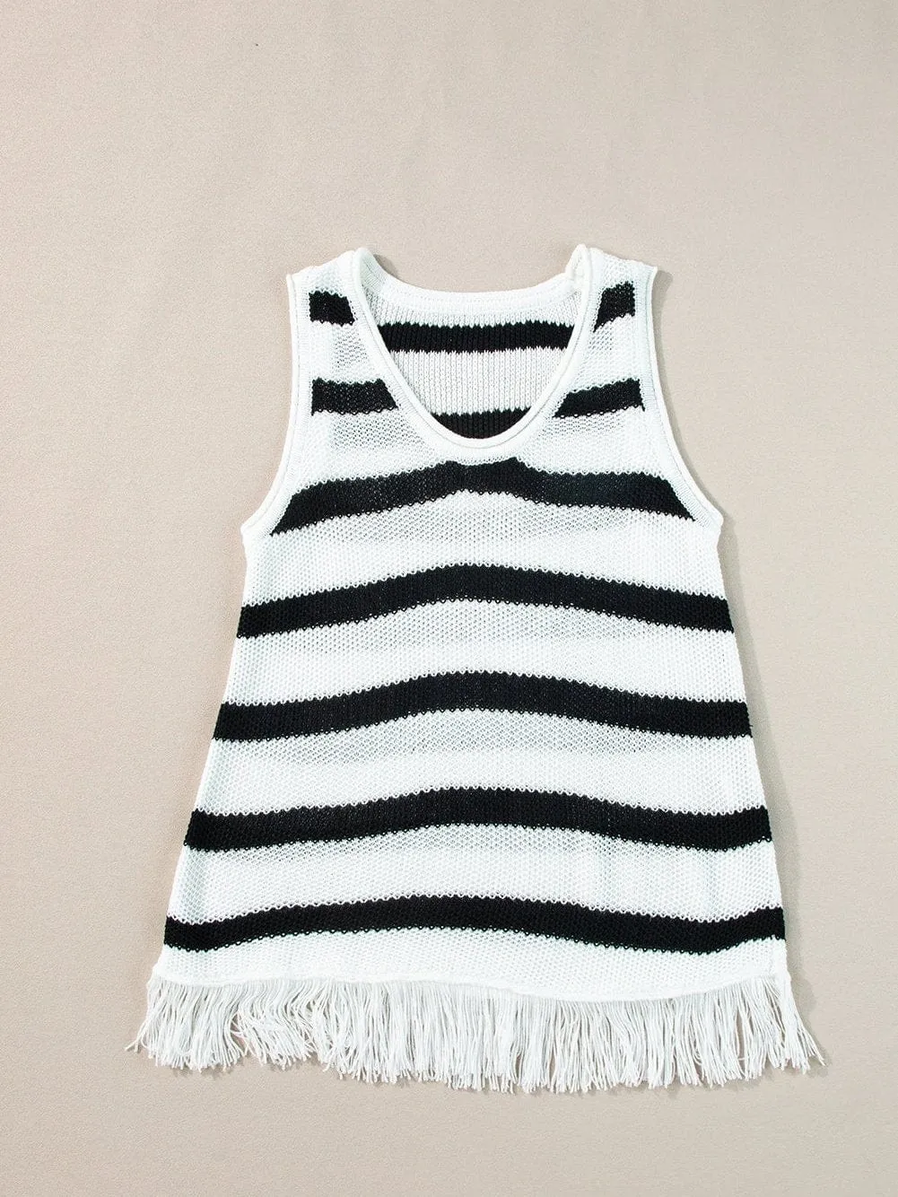 Beige Striped Fringe Detail Tank Top
