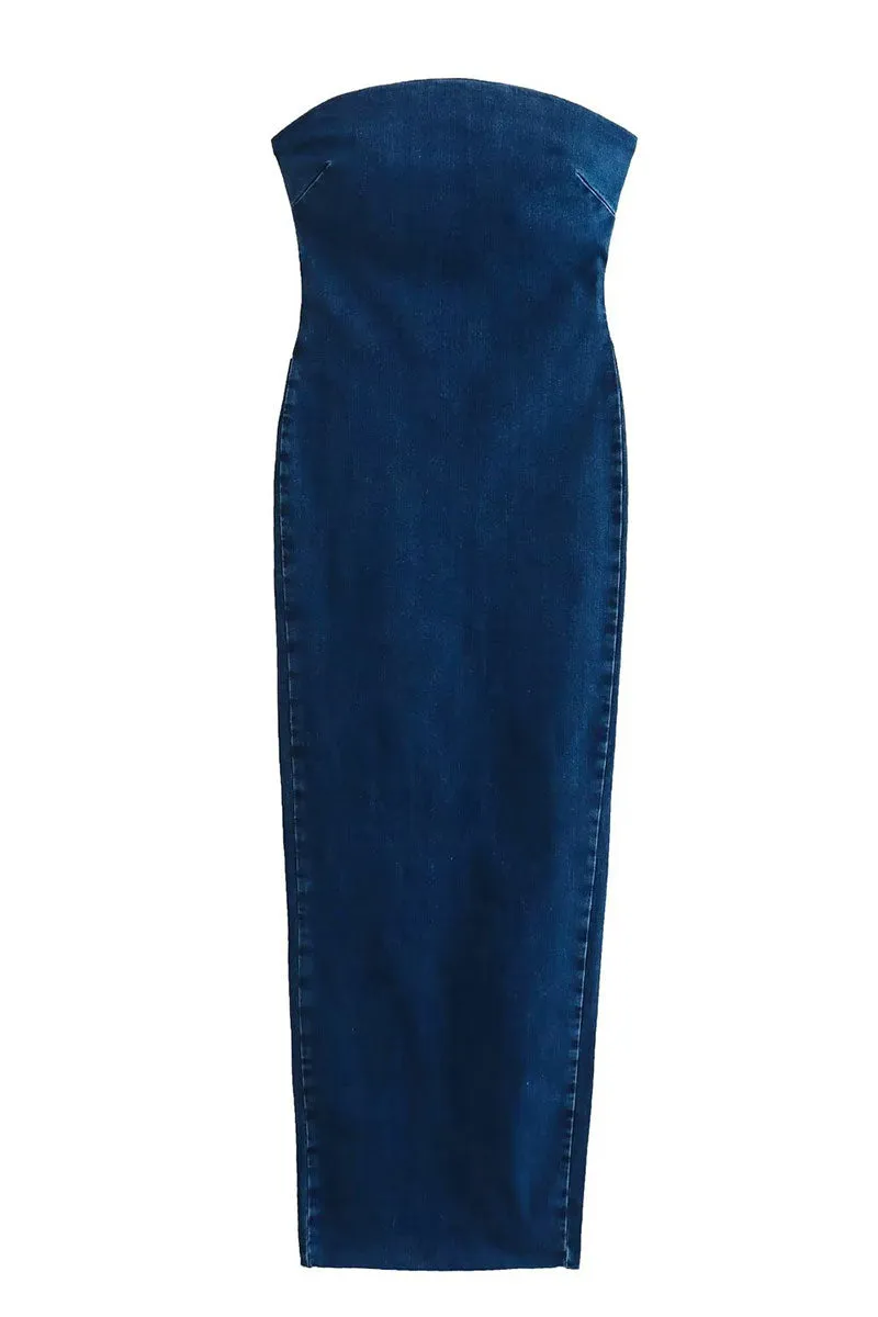 BF0340 Denim Strapless Long Dress