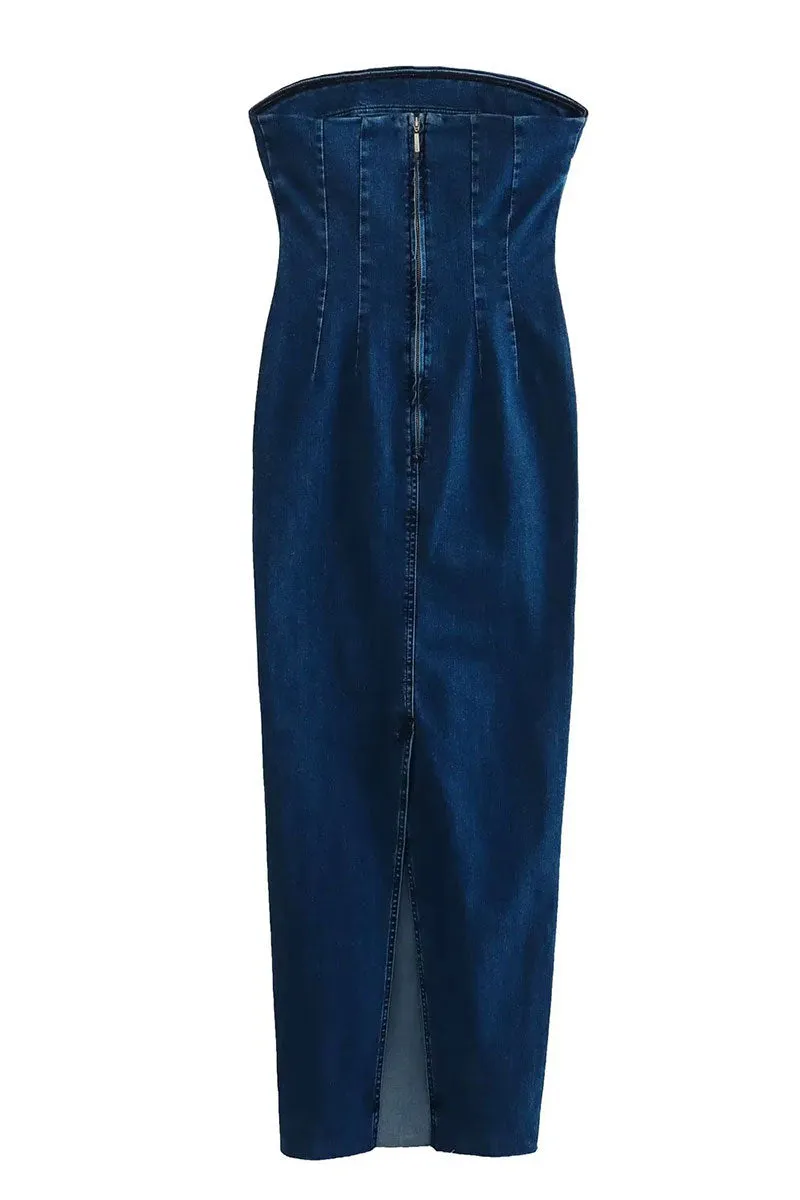 BF0340 Denim Strapless Long Dress