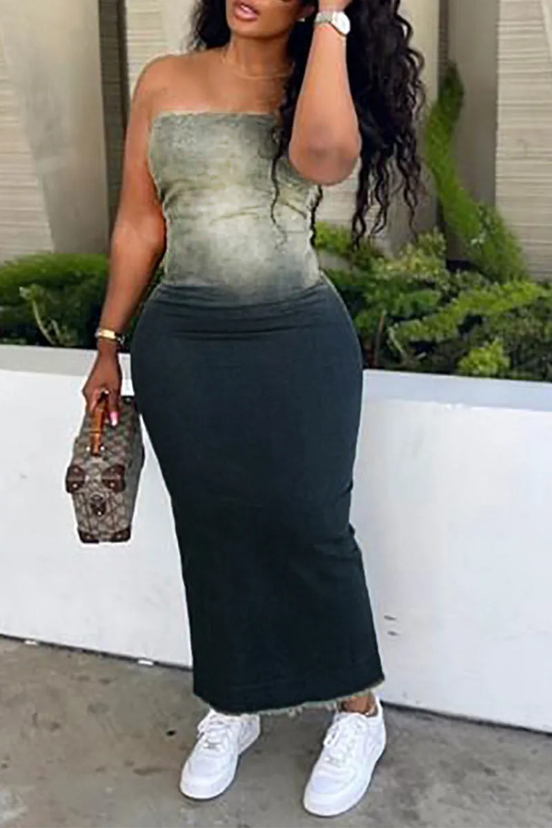 BF0340 Denim Strapless Long Dress