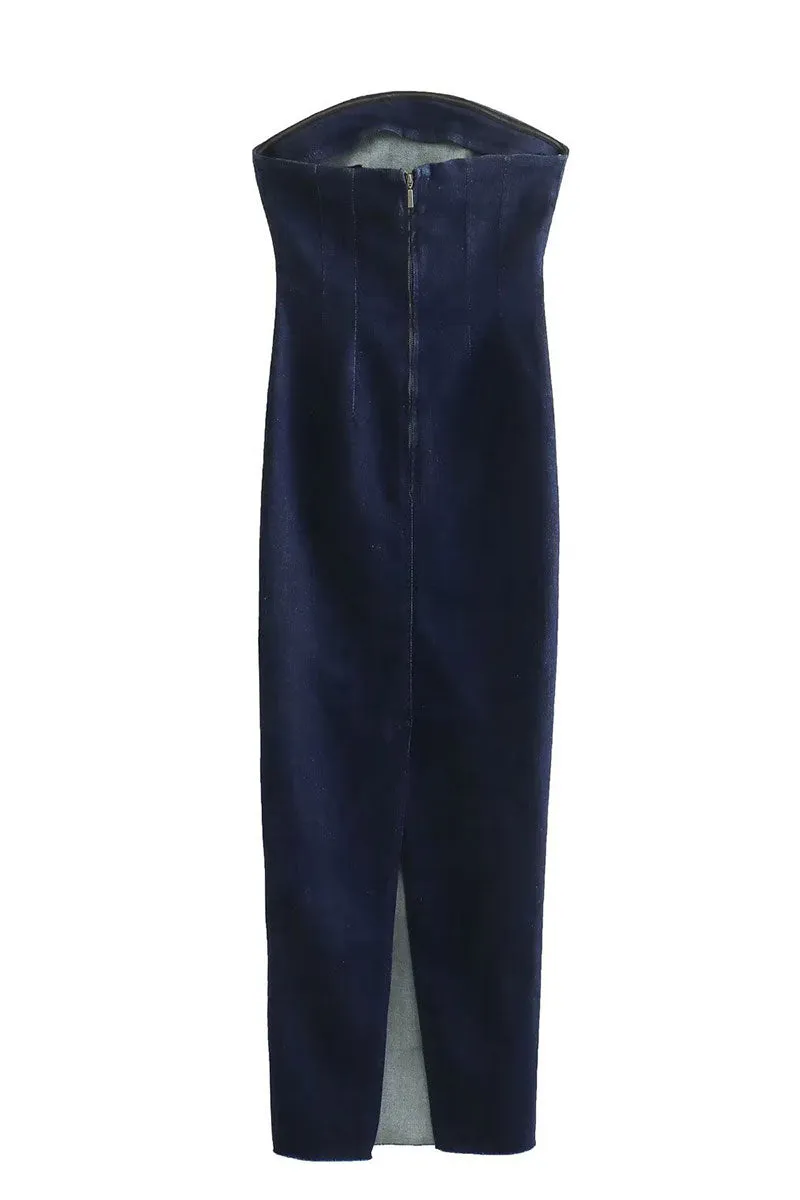 BF0340 Denim Strapless Long Dress
