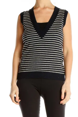 Black and Gray Striped V-Neck Sleeveless Knit Top
