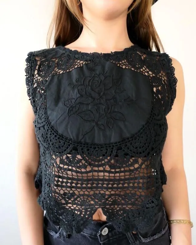 Black Rose Crochet and Embroidered Crop Tank Top