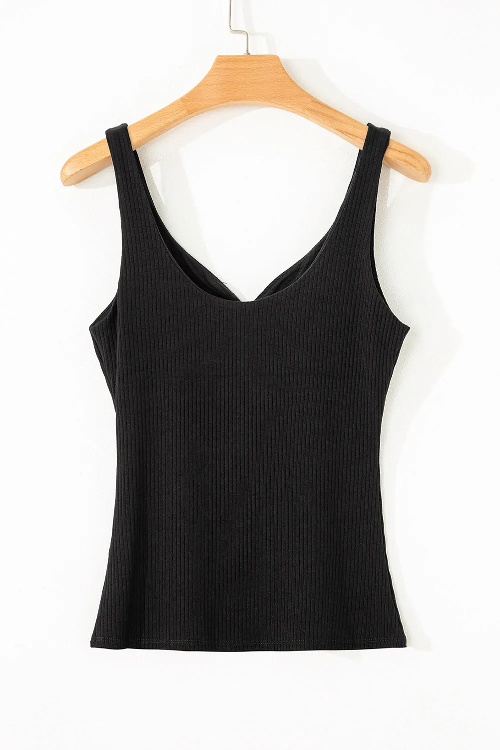 Black Sexy V Neck Ribbed Knit Sleeveless Top