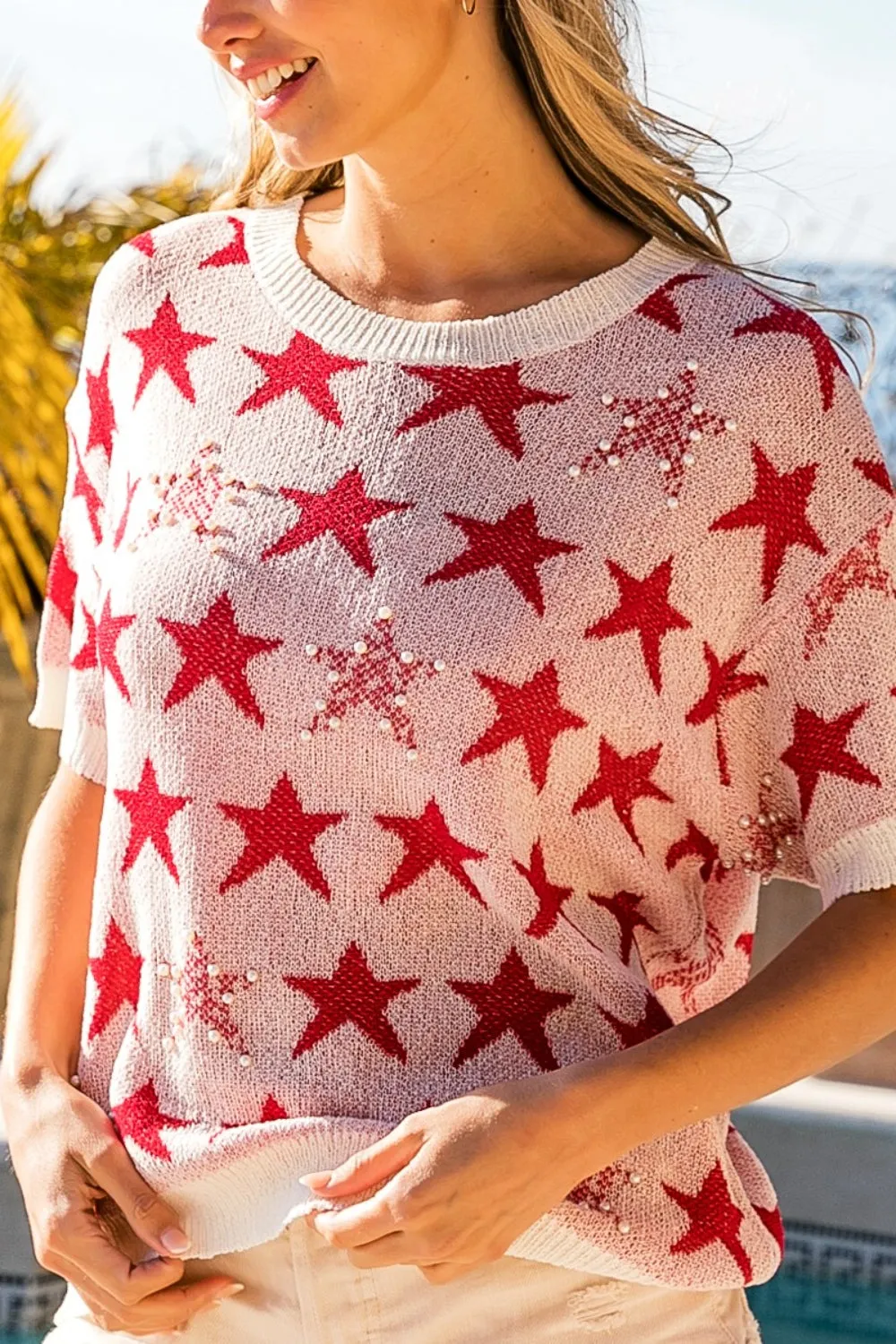 Blue Zone Planet |  BiBi Star Pattern Round Neck Short Sleeve Knit Top